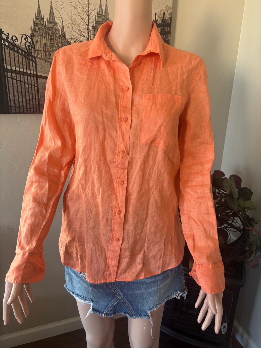H&M Coral Orange Linen Button-Down Blouse